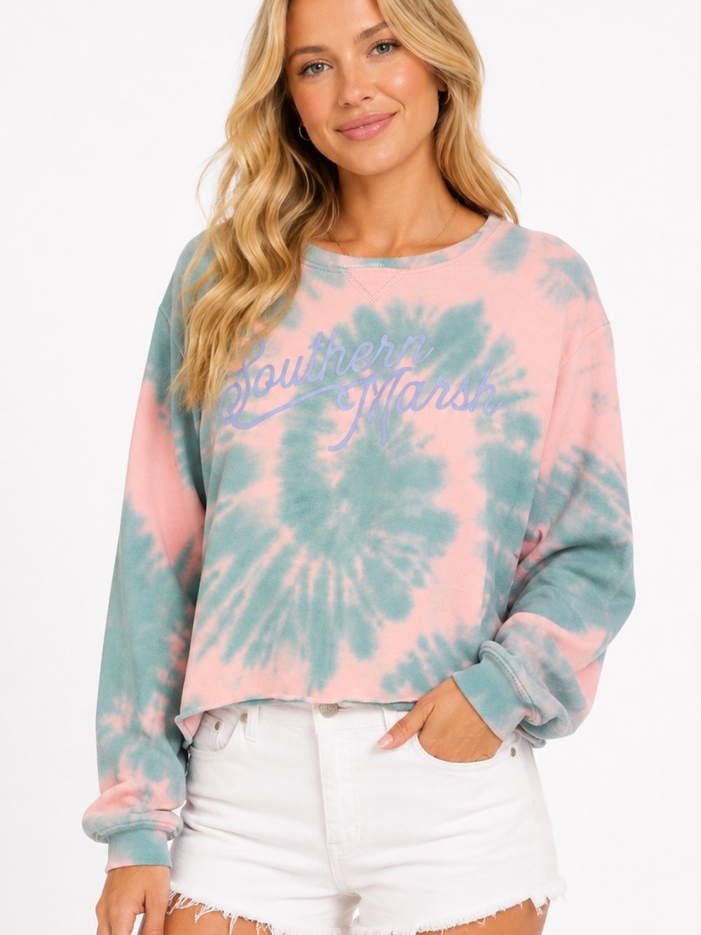 Southern Marsh Size Small Womens Oversized  Pink & Teal Tie-Dye Crew Sweatshirt